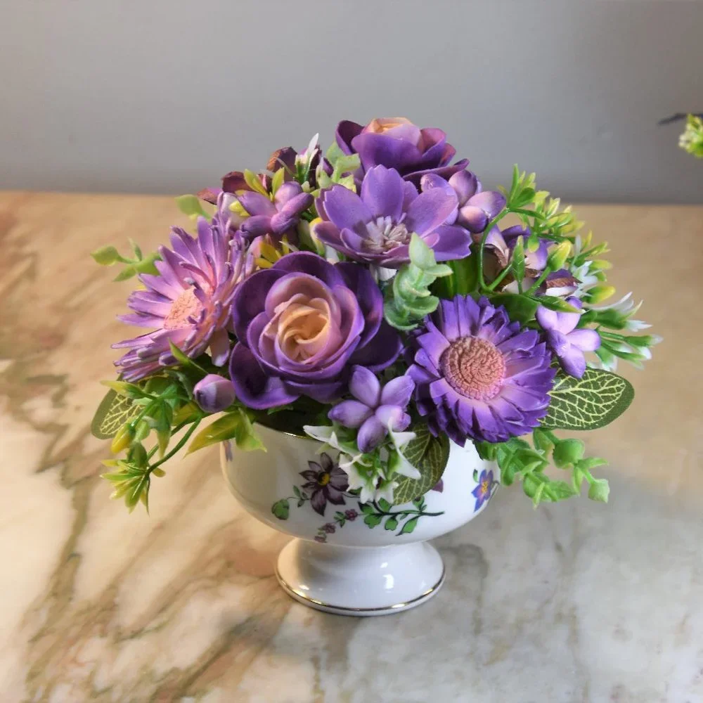Pretty vintage pedestal sherbet bowl filled with hand painted Sola wood flowers